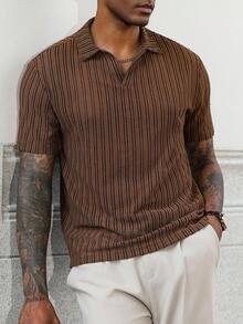 Manfinity Homme Men's Casual Solid Color Textured Fabric V-Neck Short Sleeve Polo Shirt, Summer Striped Men Casual Men Knitted Button Up Dark Brown Shirt
