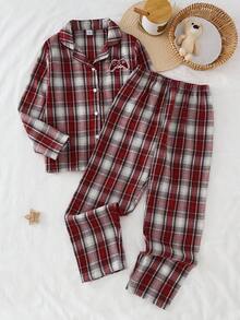 2pcs/Set Tween Boy Casual Plaid Long Sleeve Top And Loose Fit Pants Loungewear Set Fall Winter - Red - View 8