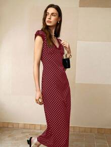 Cévolie Polka Dot Fitted V-Neck Lace Patchwork Women's Long Dresses - Red - View 5