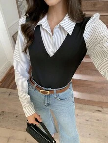 Elyressa 女士休闲条纹长袖二合一衬衫领上衣 - 黑與白 - 查看 8