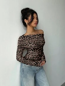Aloruh Camiseta feminina casual assimétrica com estampa de leopardo e detalhe de torção, adequada para uso diário, deslocamento e casa, camiseta de malha de manga comprida para outono/inverno - Multicolorido - Ver 5