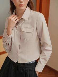 SHEIN Unity Camisa de mujer de manga larga con bolsillos dobles y corte cropped de moda - Albaricoque - Ver 2