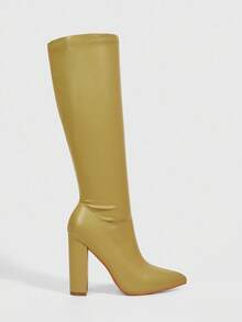 Daringsoles 尖头粗高跟秋冬靴，弹力紧身黑色侧拉链性感女式过膝皮靴 - 芥末黃 - 查看 3