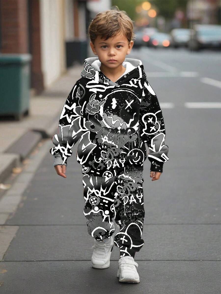 SHEIN 2 件套青少年男孩休闲卡通字母图案印花长袖连帽衫套装,秋冬舒适 - 彩色 - 查看 1