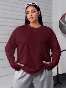 SHEIN EZwear 秋季大码休闲百搭酒红色长袖T恤 - 酒紅色 - 查看 3