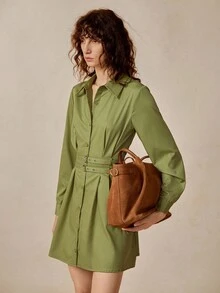 Écloséra Elegant Adjustable Double Waistband Design Pleated Button Women's Dress, Suitable For Autumn Outings - Green - View 5