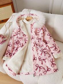 SHEIN 女童连帽毛领棉服，时尚休闲百搭通勤装，适合秋冬外出、购物、旅行，可搭配牛仔裤、运动裤、连帽衫 - 粉色 - 查看 5