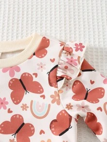 Cozy Pixies 2 pezzi Set di felpa a girocollo con maniche lunghe e volant con stampa floreale e farfalla e pantaloni a zampa con vita elastica per bambina