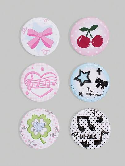 Kawaii 6 Stücke 4,4 cm/1,74 Zoll Y2K Stil Kirsche, Note, Schleife, Kleeblatt, Stern Muster Dekorations Anstecknadel, Abzeichen, Knopf, kann auf Kleidung, Taschen, Rucksäcke, Artikel aufgenäht werden, tolle Geschenke für Freunde und Familie