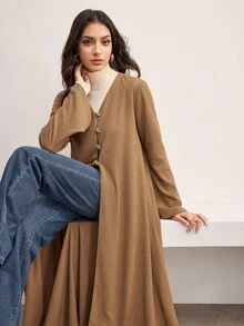 Veilorie Metal Buckle Bell Sleeve Long Sleeve Textured Jacquard Minimalist Casual Long Abayas For Women - Khaki - View 2