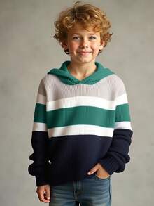 SHEIN Boys' Oversized Striped Hooded Pullover Sweater Fall Winter