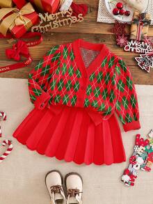 SHEIN Young Girls Christmas Diamond Pattern Sweater & Skirt Set, Winter Fall Winter Christmas Halloween Toddler Cardigan Sweater Autumn Fall Jumpers Sweaters Tops Dress Dresses Christmas Jumper Cozy Pixies Prepcrw Christmas Outfit Halloween  New Born Toddler  Fall Winter Dress Halloween  Romper Stuff Halloween Jumper Jumper Cardigans Shirts White Cardigan Clean Downtown Off The Shoulder Sweater Outfit Sets Pink Sweater Jacket Cute Fall Outfits Outfits Top Maija Christmas Dress  Toddler Fall Dark Purple Skirt Christmas Sweater  Fall Sweaters Unisex White Sweater Vest Skirt Sets - Red - View 10