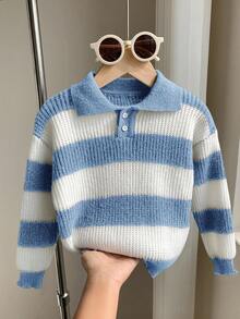 SHEIN 1 pezzo Maglione polo a righe morbido e comodo, casual, alla moda, semplice e pratico, adatto per ragazzi, ideale per feste di compleanno, feste, spettacoli, outfit per bambini, abbigliamento per ragazzi, adatto per la scuola, adatto per i viaggi, adatto per lo sport, adatto per l'autunno e l'inverno