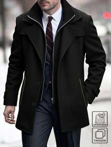 Manfinity Mode Men's Solid Color Lapel NeckFaux Two Pieces Long Sleeve Casual Woolen Jacket, Autumn/Winter