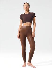 GLOWMODE 26 英寸 GlowFlex 铝箔仿皮羊毛弹力吸汗口袋中腰紧身裤，带臀部口袋，瑜伽普拉提工作室秋冬日常休闲装 - 咖啡棕 - 查看 5