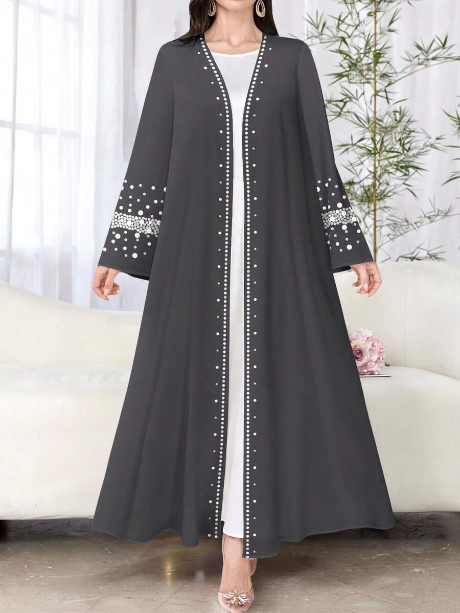 SHEIN Najma 女式仿钻石和珍珠图案时尚长袖开衫，春秋季休闲阿拉伯长袍 - 彩色 - 查看 1