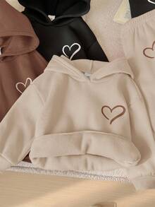 SHEIN 6件套女婴可爱纯色心形图案连帽卫衣和松紧腰裤，秋冬 - 彩色 - 查看 3