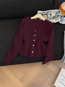 GlowEve Cárdigan de mujer de unicolor de manga larga con un solo botonadura y dobladillo con volantes, para otoño/invierno - Burdeos - Ver 4