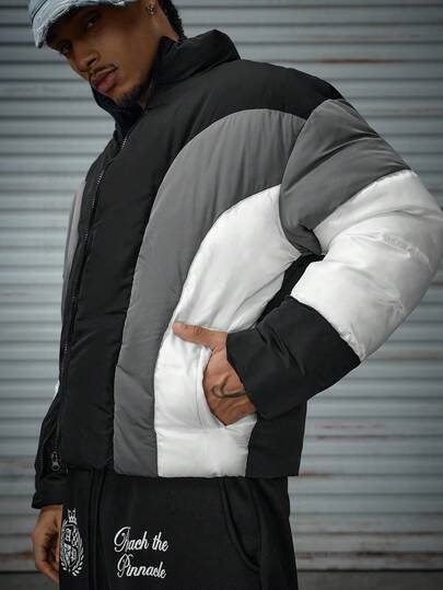 AXEPEAK Men's Fashionable Color Block Patchwork Jacket, Winter