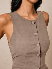 Poéselle 棉质纯色前扣圆领无袖连衣裙 - 摩卡棕 - 查看 4