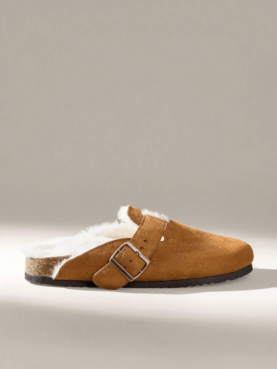 Solecia Women's Buckle Design Thermal Lined Casual Flat Mule Slippers - Camel - View 1