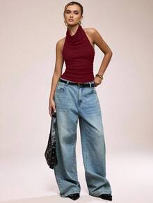 SHEIN BAE Women's Solid Color Draped Halter Backless Sexy Camisole,Red Top - Burgundy - View 7