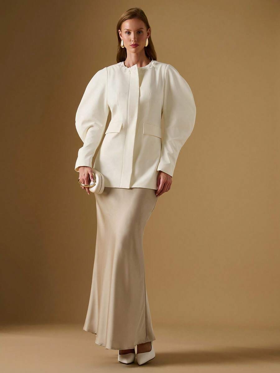 Briarwyn Women's Solid Color Round Neck Long Sleeve Fashionable Elegant Regular Jacket In Fall/Winter,Fall For Women, New Year Old Money Style - Cream - View 1