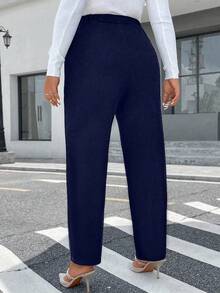 EMERY ROSE Plus Size Double Row Metal Decor Textured Fabric Straight Leg Knit Pants, Elegant For Commuting And Outings - Navy Blue - View 2