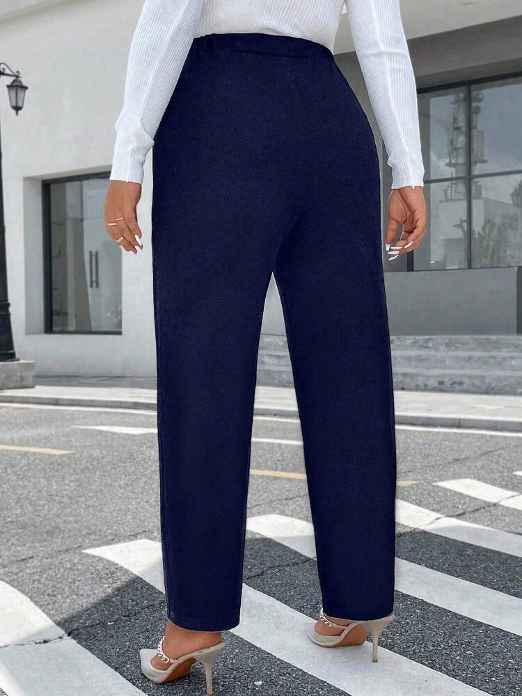 EMERY ROSE Pantalones de punto rectos con textura de metal y doble hilera, talla grande, elegantes para desplazamientos y salidas. - Azul Marino - Añade 2