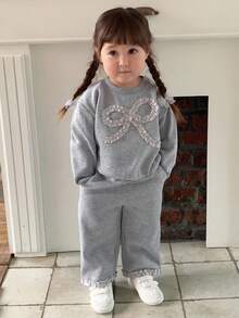 DAZY 2件套女婴圆领蝴蝶结装饰长袖卫衣和宽松运动裤套装，幼儿女童服装 - 灰色 - 查看 1