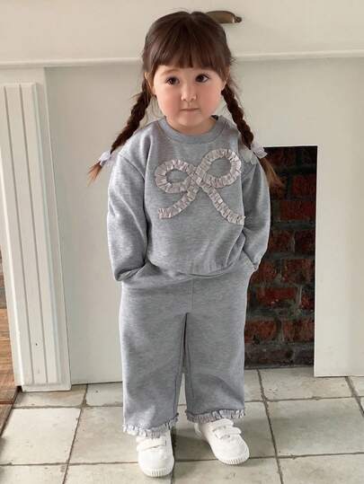 DAZY 2件套女婴圆领蝴蝶结装饰长袖卫衣和宽松运动裤套装，幼儿女童服装