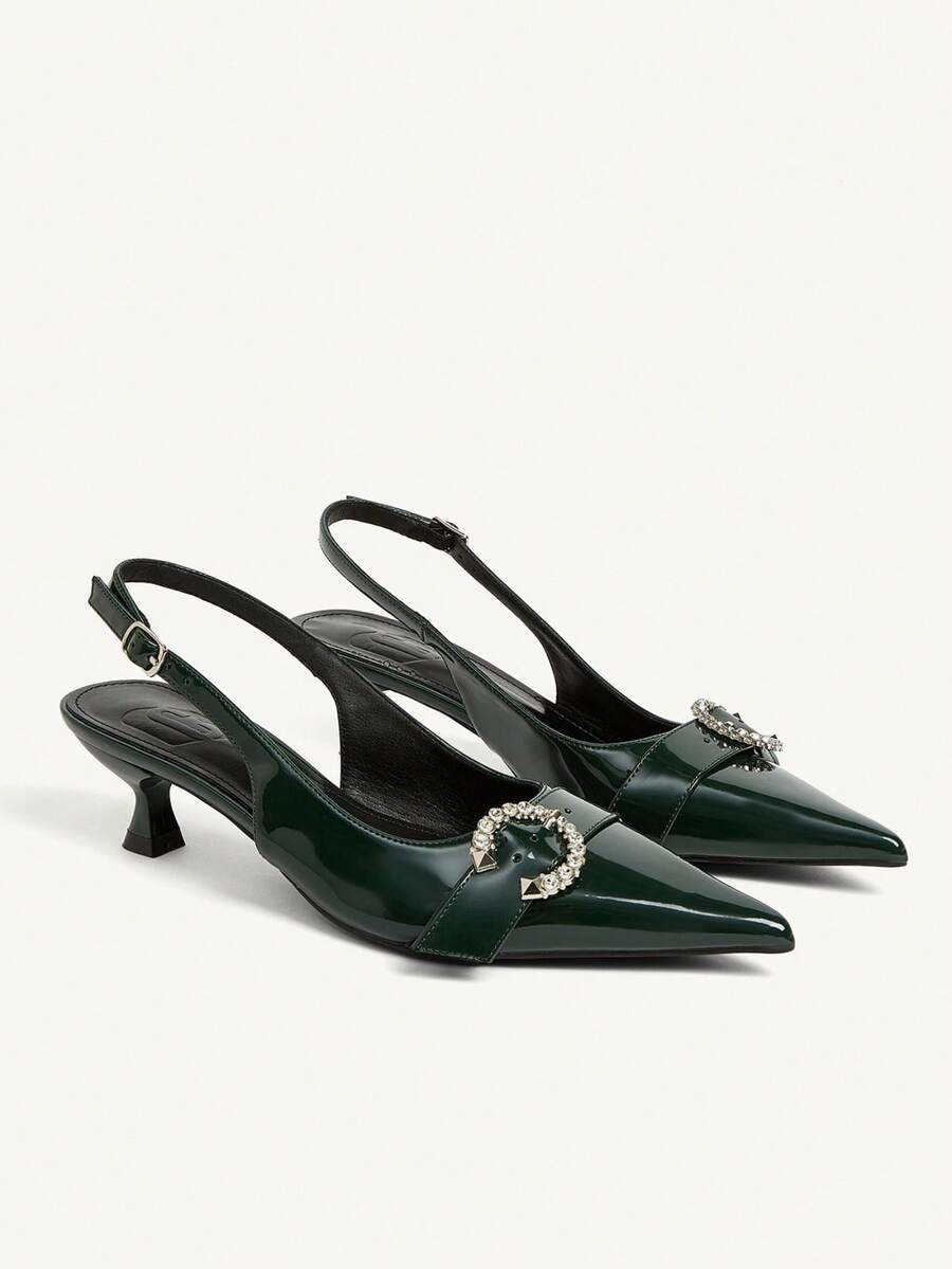 CUCCOO BIZCHIC Women's Pointed Toe Buckle Strap Open Back Kitten Heel Pumps - Dark Green - View 1