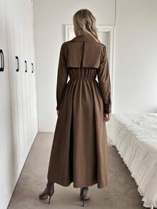 Easowa Collared Double Pocket Pleated Waist A-Line Midi Dress, Button Front Long Sleeve Casual Loose Commuter Vintage Style Dress For Women Brown Dress Women Long Sleeve Dress Brown Button Down Dress Long Brown Dress Chocolate Brown Dress