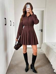 Easowa 净色褶裥下摆衬衫裙 - 咖啡棕 - 查看 5