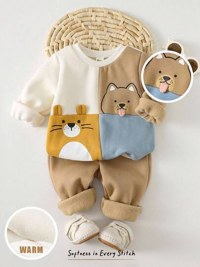 Cozy Pixies 2 Peças Conjunto de Moletom de Gola Redonda Felpudo com Estampa de Animal Cartoon e Calça Jogger de Cintura Elástica para Menino Bebê