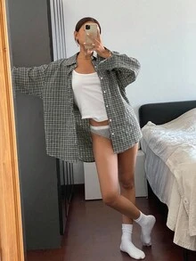 Livesso 格子宽松长袖翻领女式衬衫，秋季衣服，法兰绒女式 - 黑色 - 查看 5