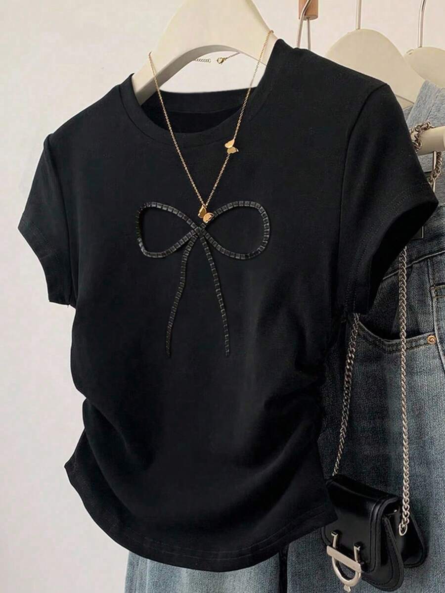 SHEIN 精制3D蝴蝶结修身女式T恤 - 彩色 - 查看 1