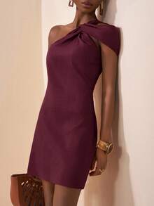 Vestido marrón de mezcla de lino de un solo hombro, elegante, viral, para playa, crucero, vacaciones, fiesta casual diaria, fiesta de cumpleaños, boda, Día de la Madre, festival de música de verano 2025 - Burdeos - Ver 6