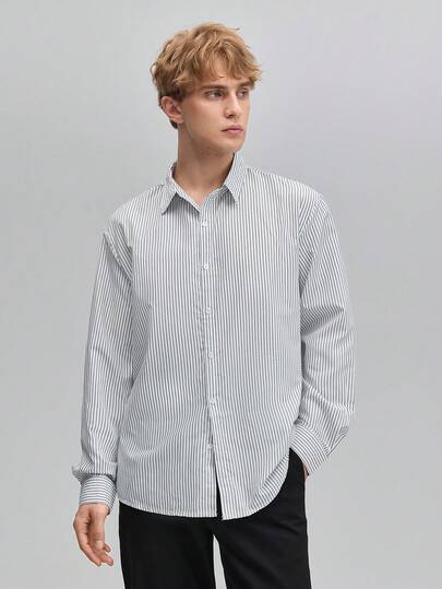 Officeau 男士黑色条纹正装衬衫，绅士简约条纹长袖衬衫，修身剪裁，适合春/秋/夏季商务及休闲场合穿着，复古男士正装衬衫，春夏皆宜。