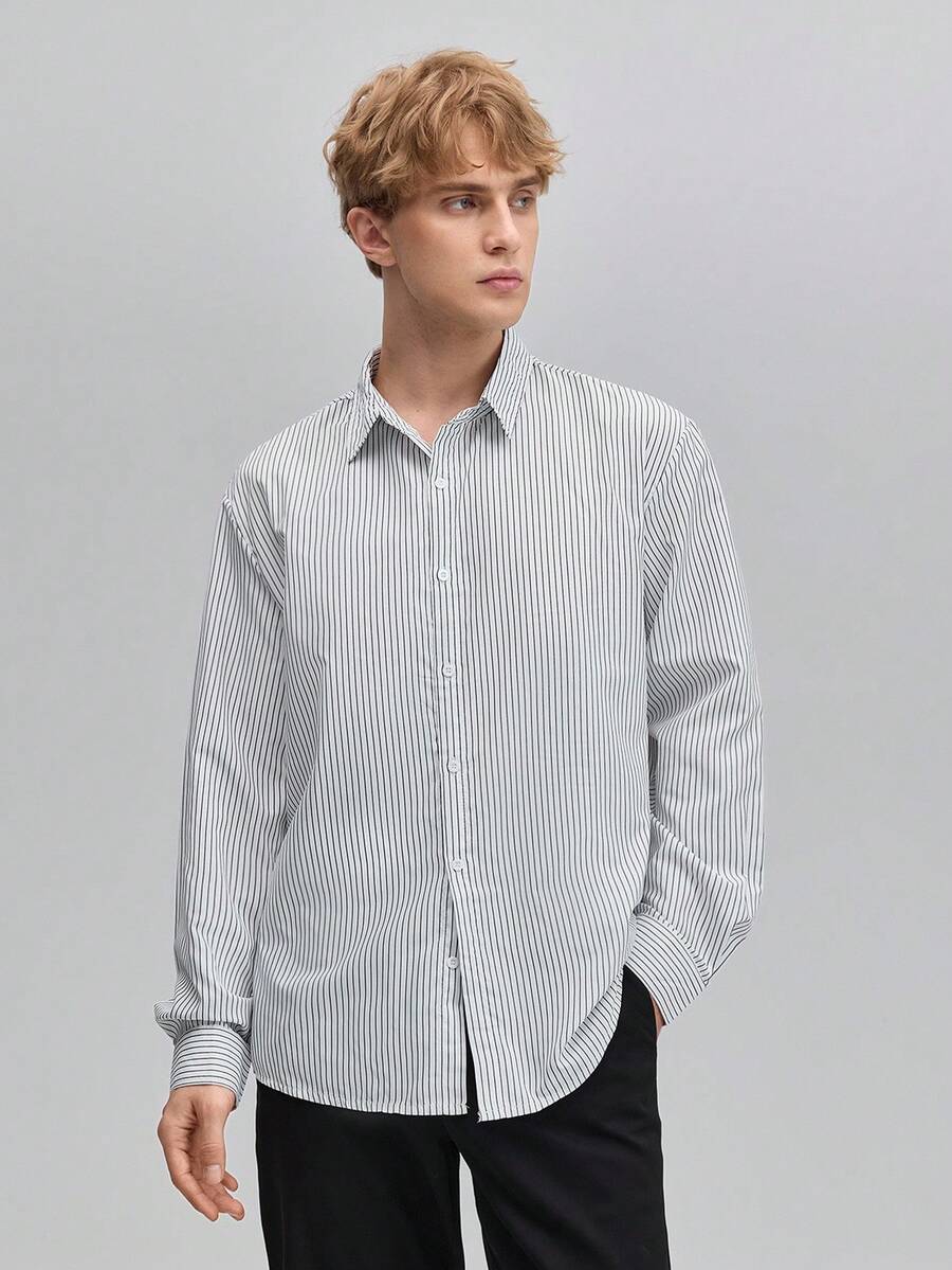 Officeau Men's Black Striped Formal Shirt, Gentlemanly & Simple Striped Long Sleeve Shirt, Slim Fit, Suitable For Business, Casual Wear In Spring/Autumn/Summer, Fall Old Money Men's Dress Shirt Spring To Summer - Black and White - View 1