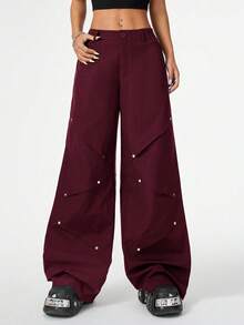 Coolane 女士街头休闲拼布铆钉褶裥裤 - 酒紅色 - 查看 5