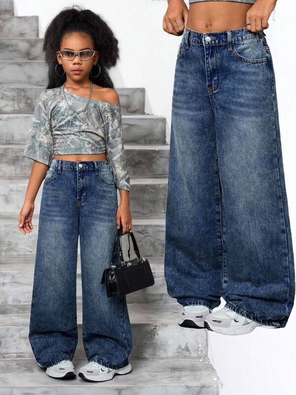 SHEIN Tween Girls Y2k Urban Street Style Vintage Stonewashed Loose Fit Blue Denim Baggy Jeans,Casual And Versatile For Girls Fall/Winter Dailywear And Streetwear Costume,For Girls Halloween And Christmas Outfits,Girls Jeans,Teen Jeans,Winter Jeans
