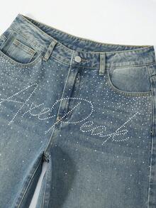 ROMWE 女式水钻装饰英文文字宽松阔腿朋克风牛仔裤 - 藍色 - 查看 4