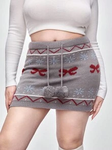 ROMWE Kawaii Falda de punto de línea A con decoración de lazo y pompón de colores para mujer talla grande, otoño/invierno - Gris - Ver 6
