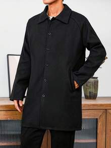 Manfinity Homme 男士休闲前襟纽扣翻领长袖夹克，秋季男士长款外套，暗黑学院风男装，男士外套，男士夹克，男士风衣 - 黑色 - 查看 3