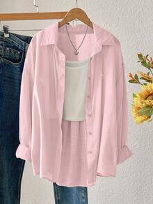 INAWLY 轻薄纯色长袖休闲防晒衬衫，夏季 - 粉色 - 查看 4