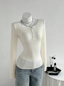 Elamini Áo len gân tay dài ôm sát màu trơn cho nữ, mùa thu - Màu be - Xem 5