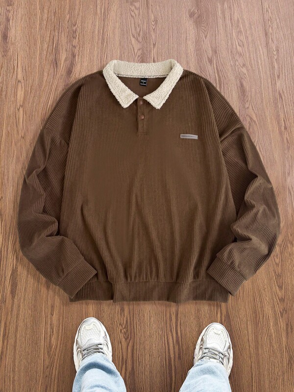 SWAVVY Men's Loose Fit Letter Print Polo Collar Long Sleeve Pullover Sweatshirt, Casual For Autumn/Winter