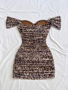 Soleia Vestido ajustado de hombros descubiertos de malla de punto para vacaciones - Marrón Chocolate - Ver 2