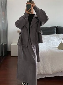 DAZY 女式绒面革领夹克和宽松短裙两件套，秋季 - 灰色 - 查看 4